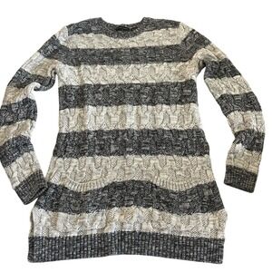 Jeanne Pierre Striped Cable Knit‎ Cotton Sweater M Gray Cream Cozy Fall